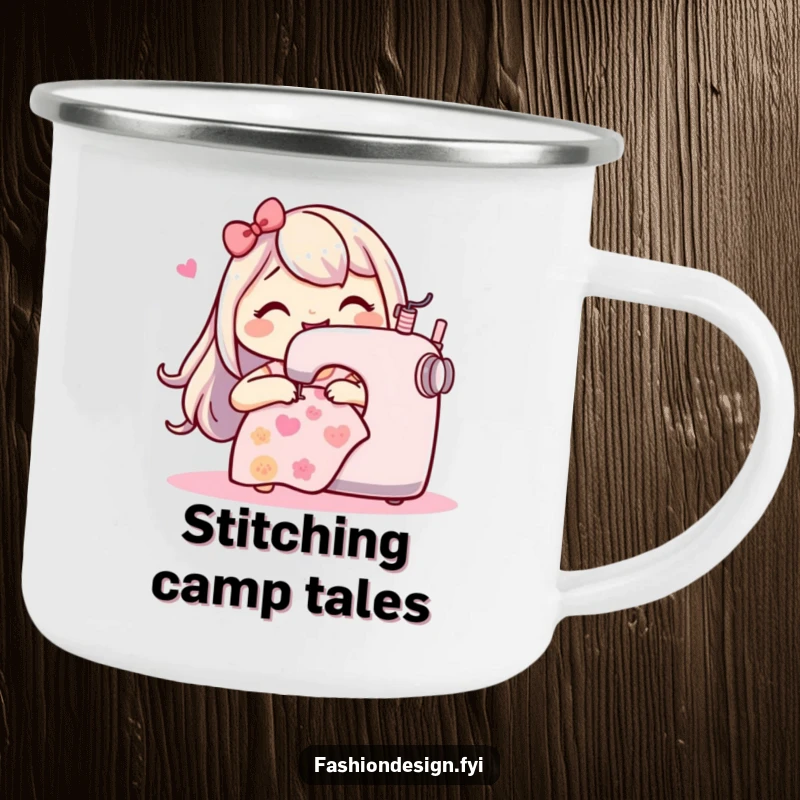 Funny Sewing Machine Camping Mug: Cheerful character stitching a playful pattern, a humorous and durable mug for crafting adventures outdoors.
