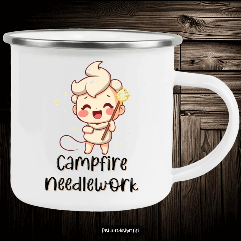 Funny camping mug featuring a cheerful character with a giant sparkly needle, perfect for outdoor crafting and adventures.