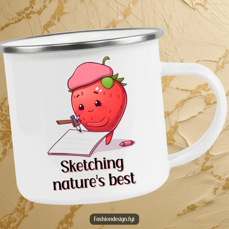 Funny plump strawberry in a beret, sketching on a notepad, enamel camping mug, great funny gift.