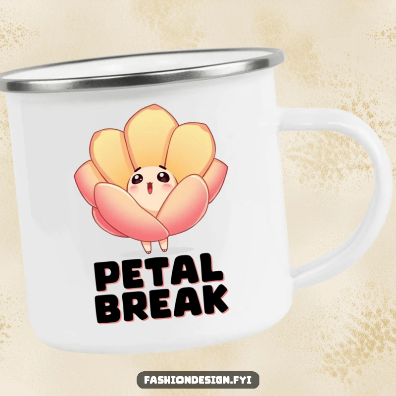 Funny camping mug depicting a surprised character looking up as a large embroidered fabric petal gently drifts down, perfect for outdoor humor.