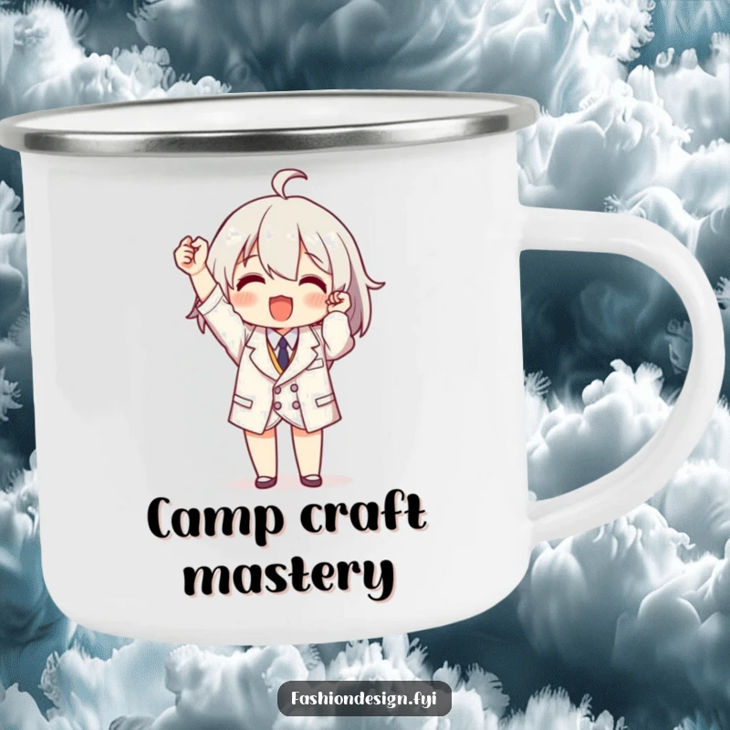 Funny camping mug with a triumphant character holding a perfectly tailored miniature garment, celebrating craftsmanship outdoors.