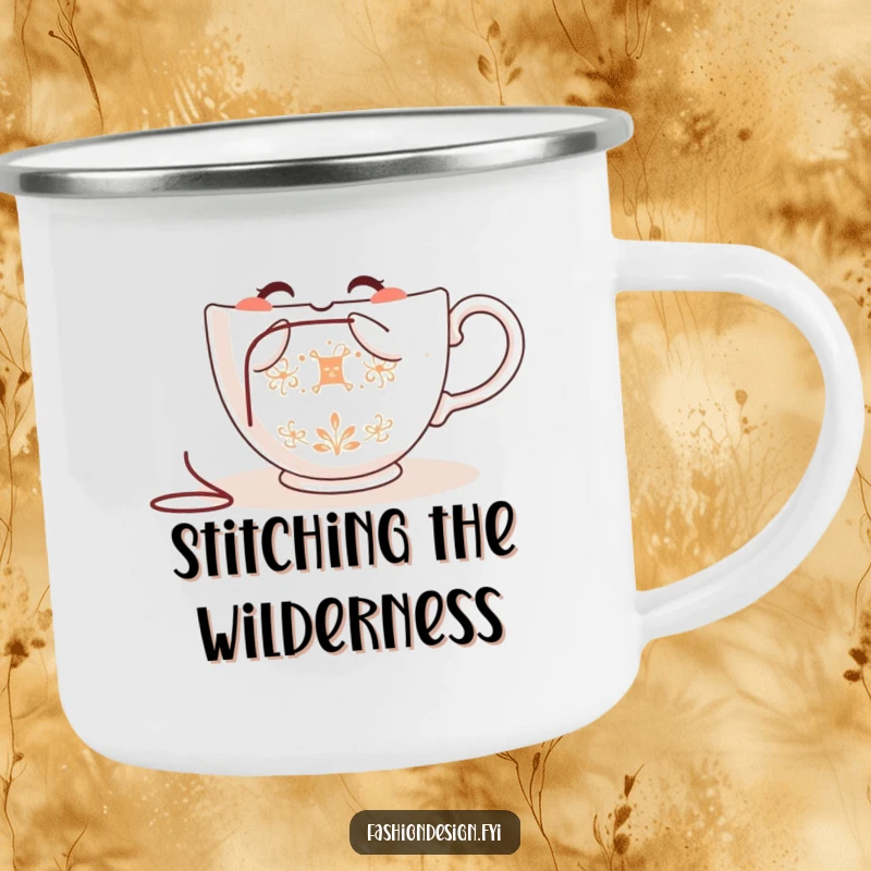 Funny teacup camping mug, happily embroidering a pattern, durable for outdoor use, adding humor to adventures.