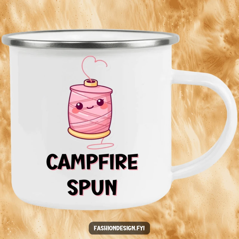 Funny camping mug with a cheerful spool of thread twirling, ideal for crafters who enjoy the outdoors.