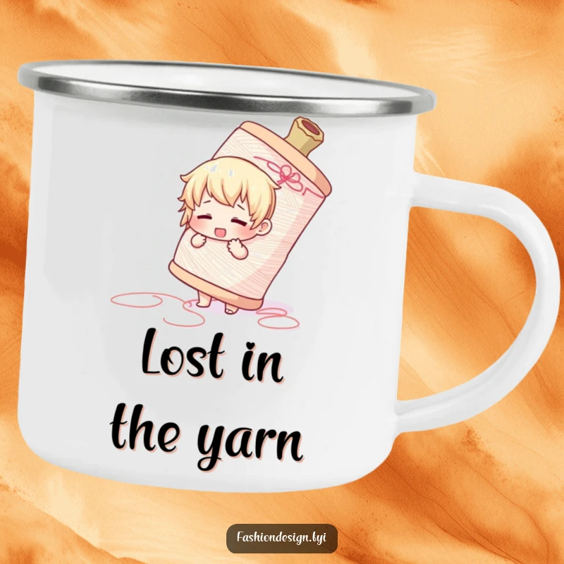 Funny camping mug showing a cute character hilariously battling a gigantic spool of thread in an outdoor setting.