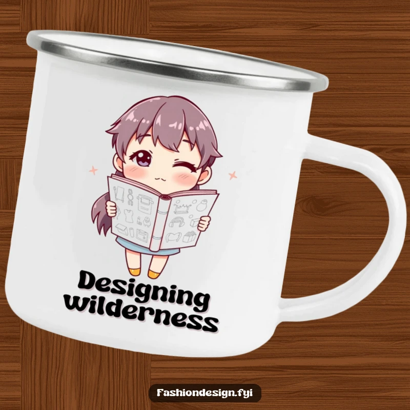 Funny Camping Mug of a winking character holding a sketchbook full of designs, perfect for outdoor artists.