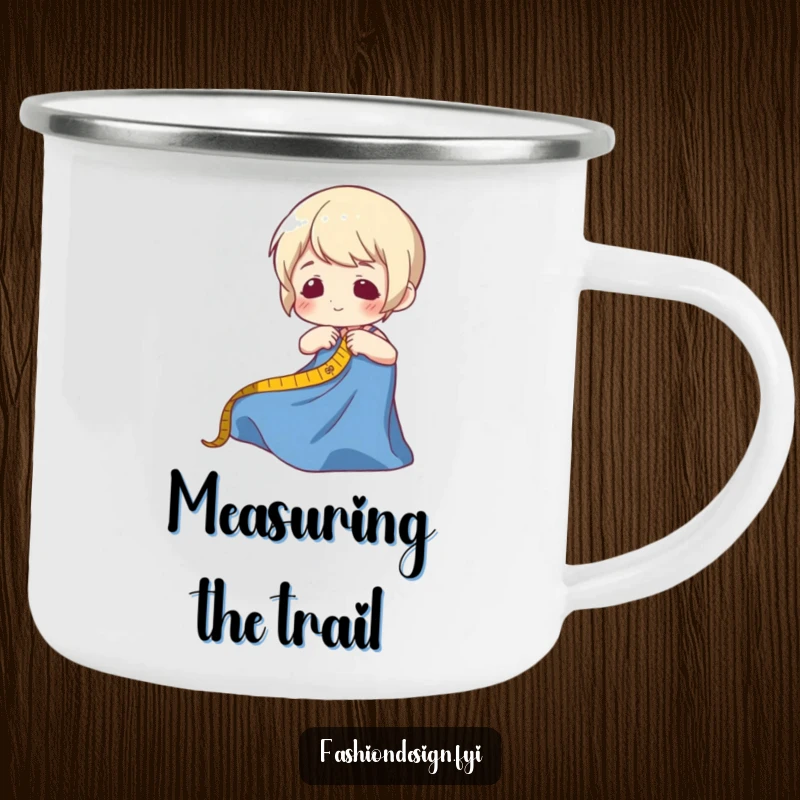 Funny camping mug with a character measuring fabric, built for adventure and a good laugh, perfect for outdoor crafters.