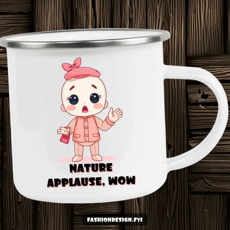 Funny Mannequin Camping Mug showing a character bursting into surprised applause, ideal for outdoor lovers who enjoy humor and celebration.