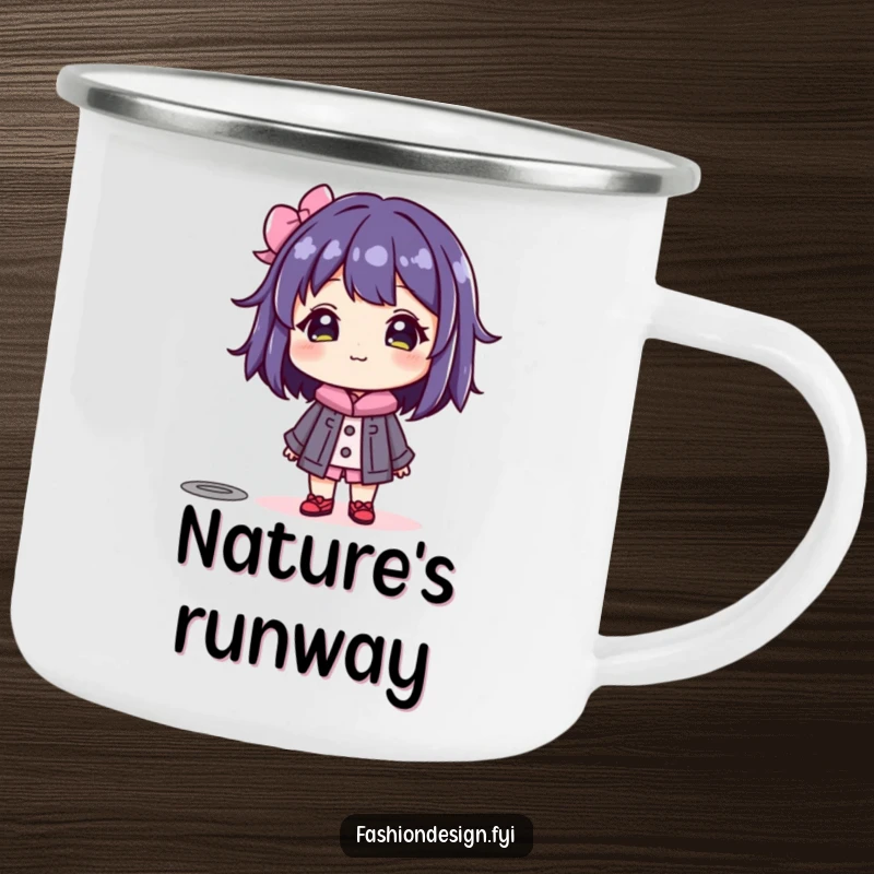 Funny camping mug with a beaming character admiring a colorful mannequin, embodying style and aesthetic appreciation outdoors.