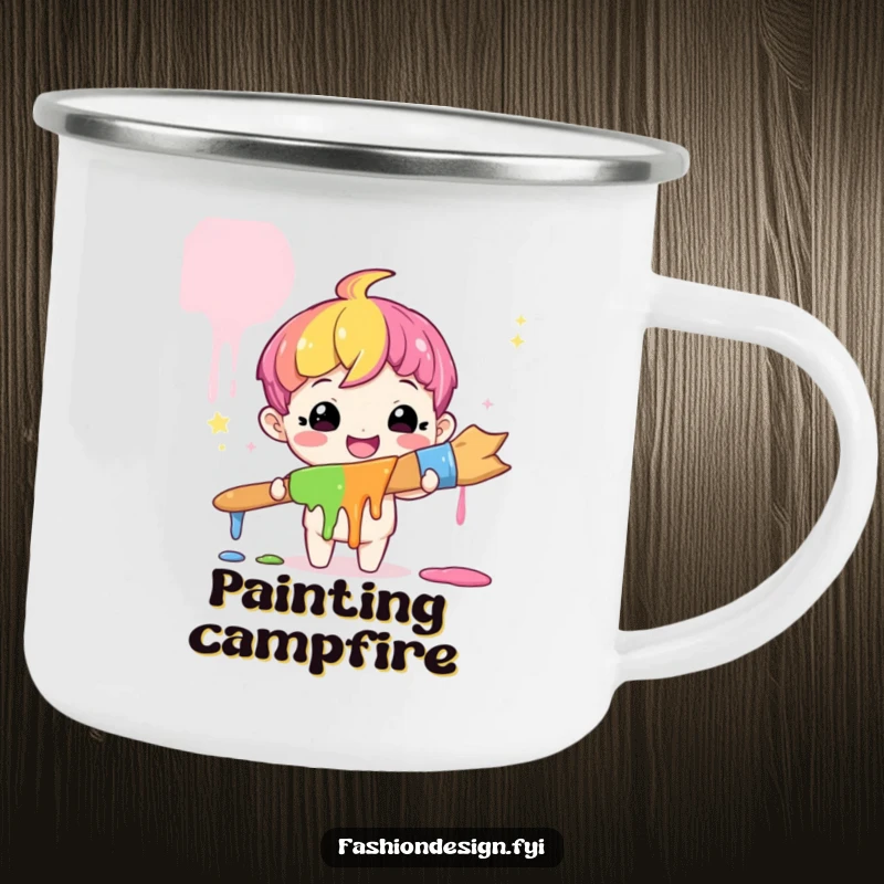 Funny Artist Rainbow Camping Mug: A cute character holds a giant paintbrush with rainbow paint, perfect for outdoor humor, a funny gift.