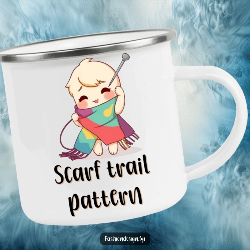 Funny zig-zag stitch camping mug showing a playful character using a giant needle to create an exaggerated stitch on a vibrant scarf, outdoor funny gift.