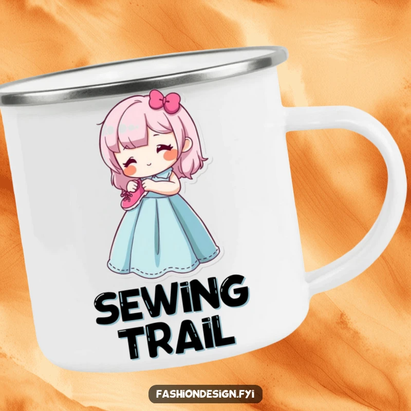 Funny camping mug showing a content character happily sewing a tiny, smiling shoe onto a vibrant dress form, celebrating craftsmanship outdoors.