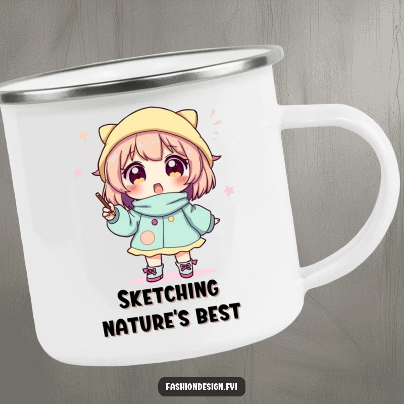 Funny camping mug with an excited character sketching a whimsical outfit, perfect for creative outdoor moments.