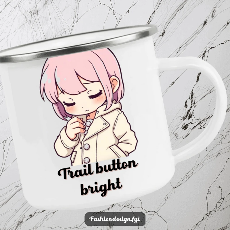 Funny button stitcher camping mug showing a character meticulously sewing tiny sparkling buttons onto a stylish jacket, ideal for outdoors, funny gift.