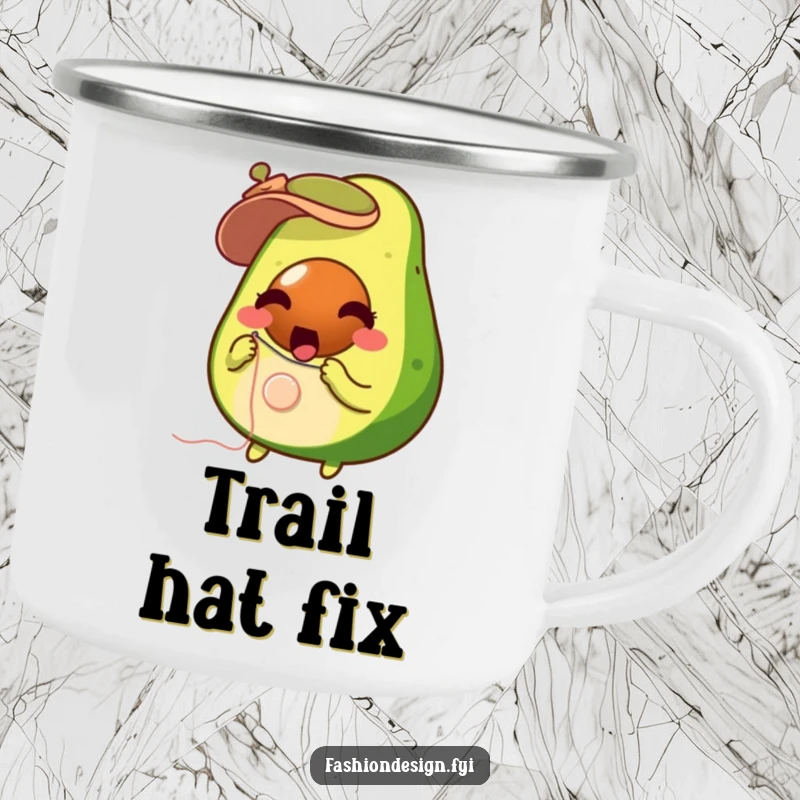 Funny surprised avocado with needle and thread, sewing a button, enamel camping mug, great funny gift.