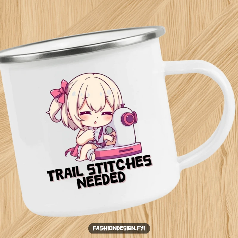 Funny Camping Mug: Dramatic character posing with a sewing machine mid-stitch, perfect for outdoor sewing humor.