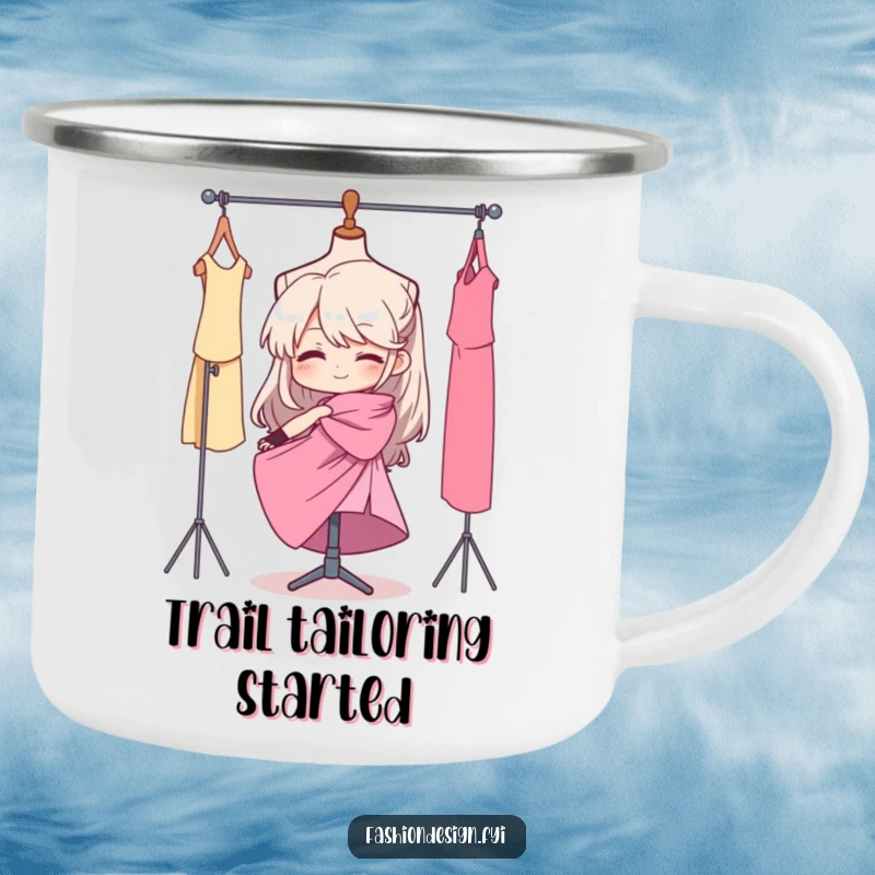 Funny camping mug showing a focused seamstress draping fabric on a mannequin, ideal for outdoor crafting sessions.