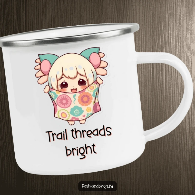 Funny camping mug with a delighted character holding up a piece of wildly patterned fabric, celebrating creativity outdoors.