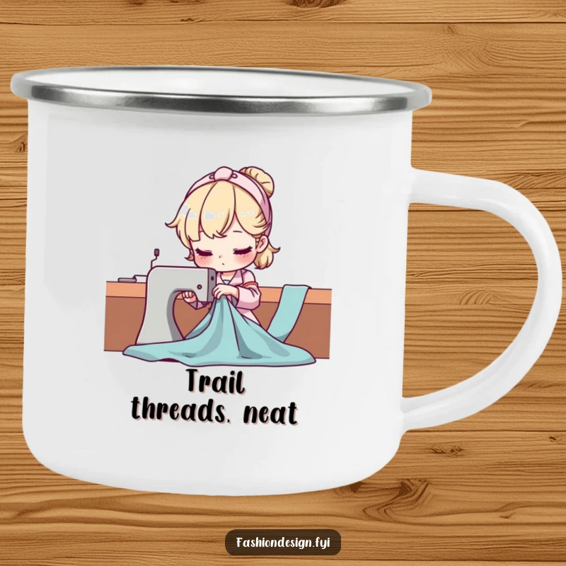 Funny Seamstress Camping Mug showing expert fabric draping, embodying focus and creativity for outdoor lovers and crafters alike.