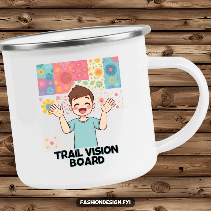 Funny camping mug showing an enthusiastic person pointing at a colorful mood board, ideal for creative outdoor sessions.