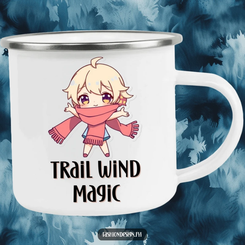Funny camping mug with a playful character posing dramatically with a long scarf, embodying theatrical flair in nature.