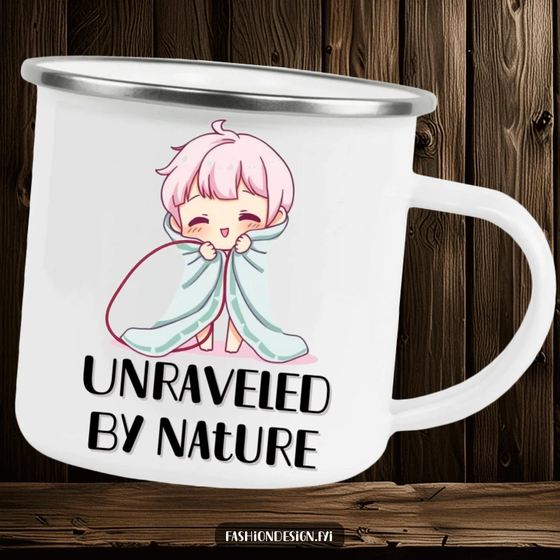Funny camping mug showing a character hilariously unraveling fabric. Durable, humorous enamel mug for outdoor lovers.