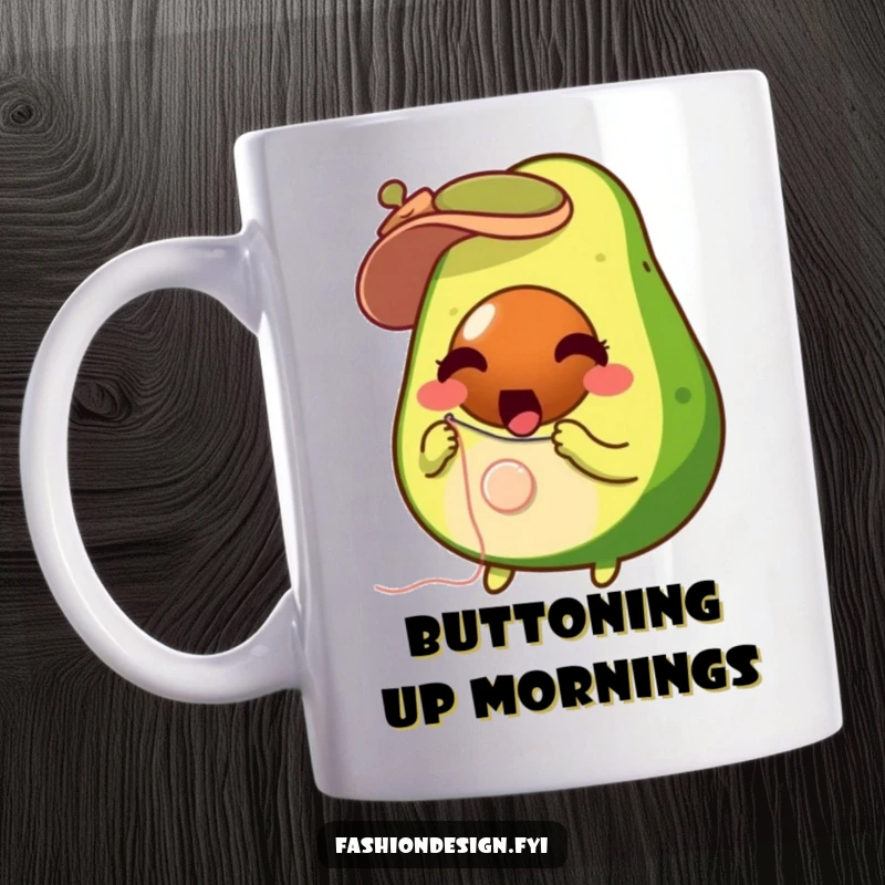 Funny surprised avocado with needle and thread, sewing a button onto a tiny hat, mug, perfect funny gift.