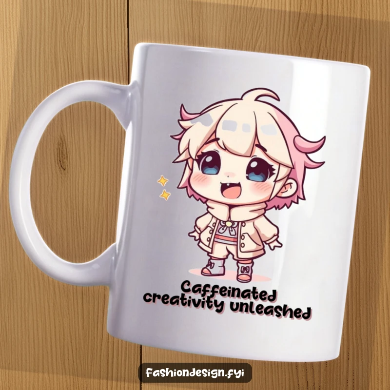 Funny Designer Mug: A giggling character happily sketches a bizarre and wacky outfit, showcasing creative inspiration and joy.