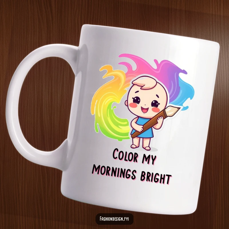 Funny mug showing a smiling character with a large, vibrant paintbrush creating dynamic, colorful swirls of paint.