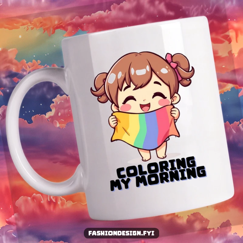 Funny mug featuring a joyful character gleefully holding a vibrant fabric swatch, celebrating the joy of sewing.