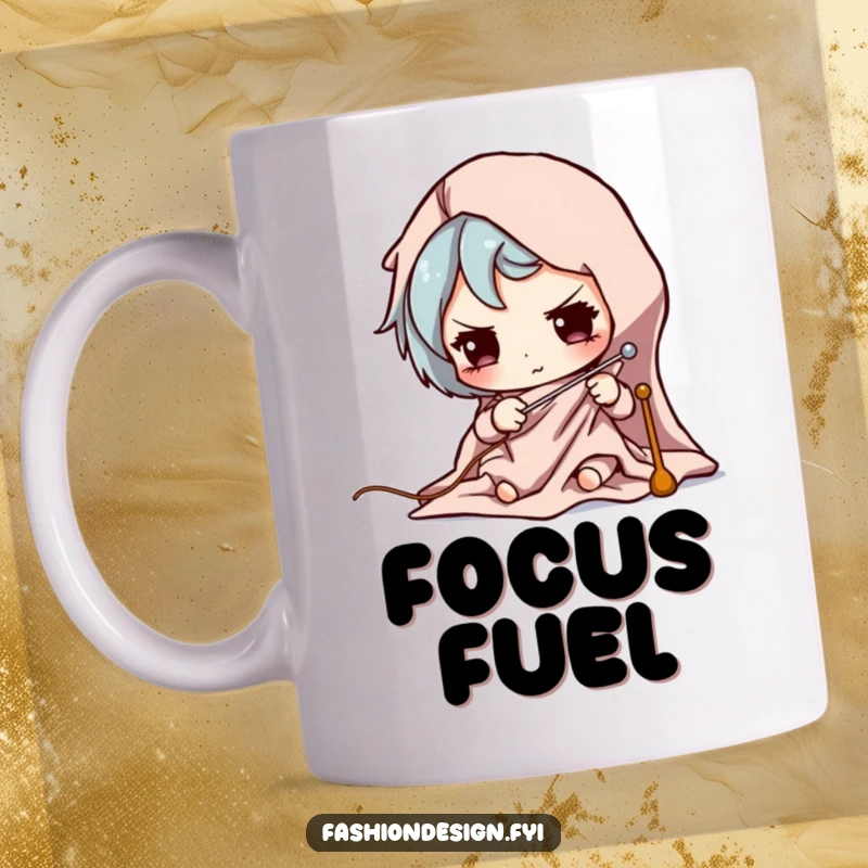 Funny mug depicting a focused character with intense concentration pinning fabric with sewing pins for a crafting project.