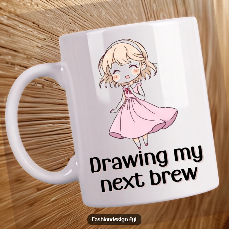 Funny mug showing a character delightedly sketching a flowing gown with quick, confident lines, celebrating artistic passion.