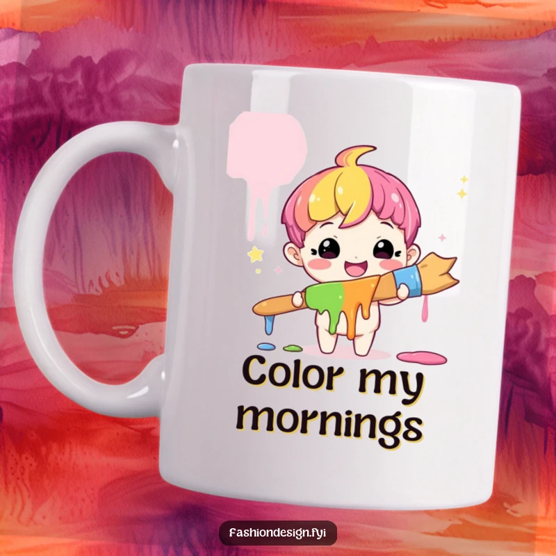 Funny Artist Mug: A cute character smiles amazed, holding a giant paintbrush dripping rainbow paint, a funny gift for artists.