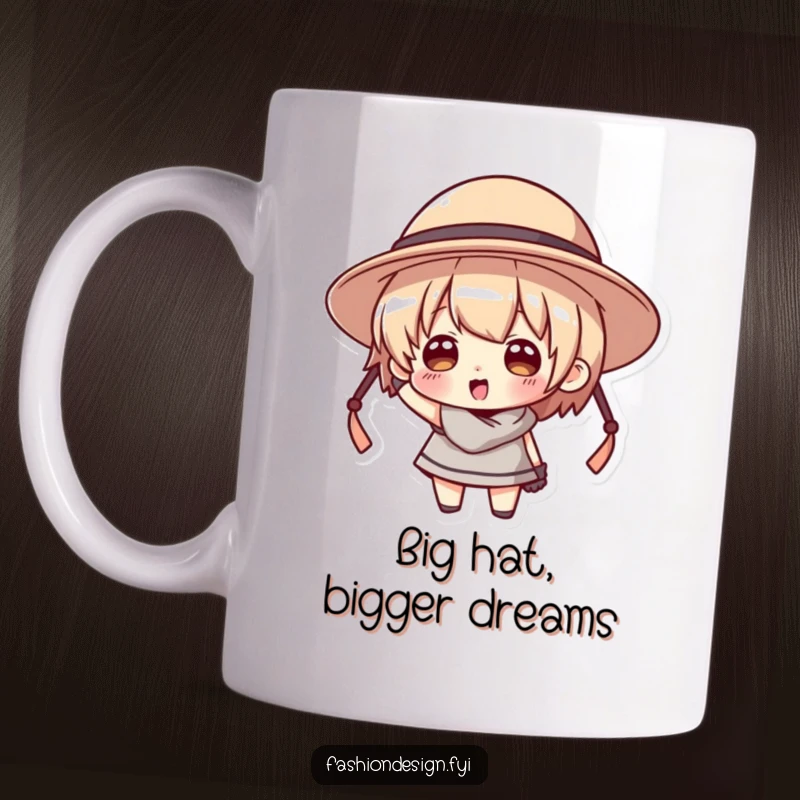Funny mug with a cartoon character hilariously overwhelmed by a comically oversized hat, showing playful frustration.