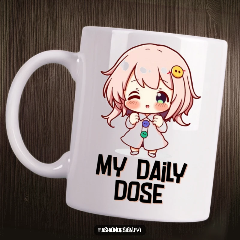 Funny mug of an enthusiastic character joyfully pinning colorful buttons onto a design, celebrating creativity.