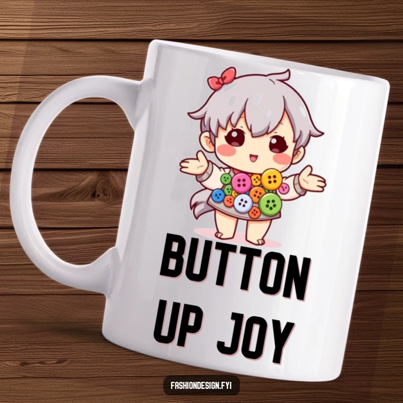 Funny mug depicting a proud character artfully arranging a colorful collection of buttons, showcasing their hobby.