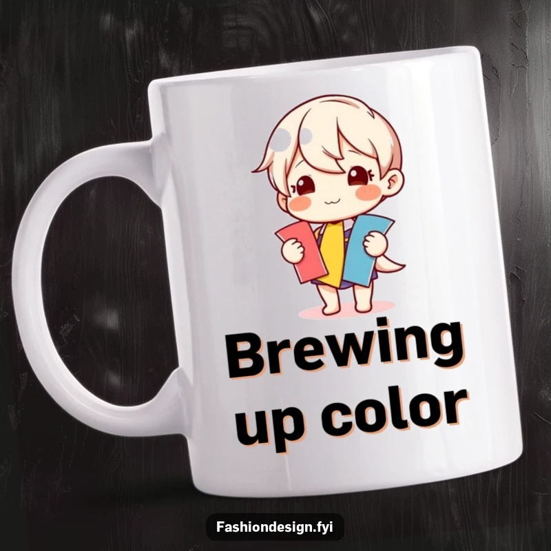 Funny mug featuring a happy character selecting colorful fabric swatches, exuding creativity and joy.