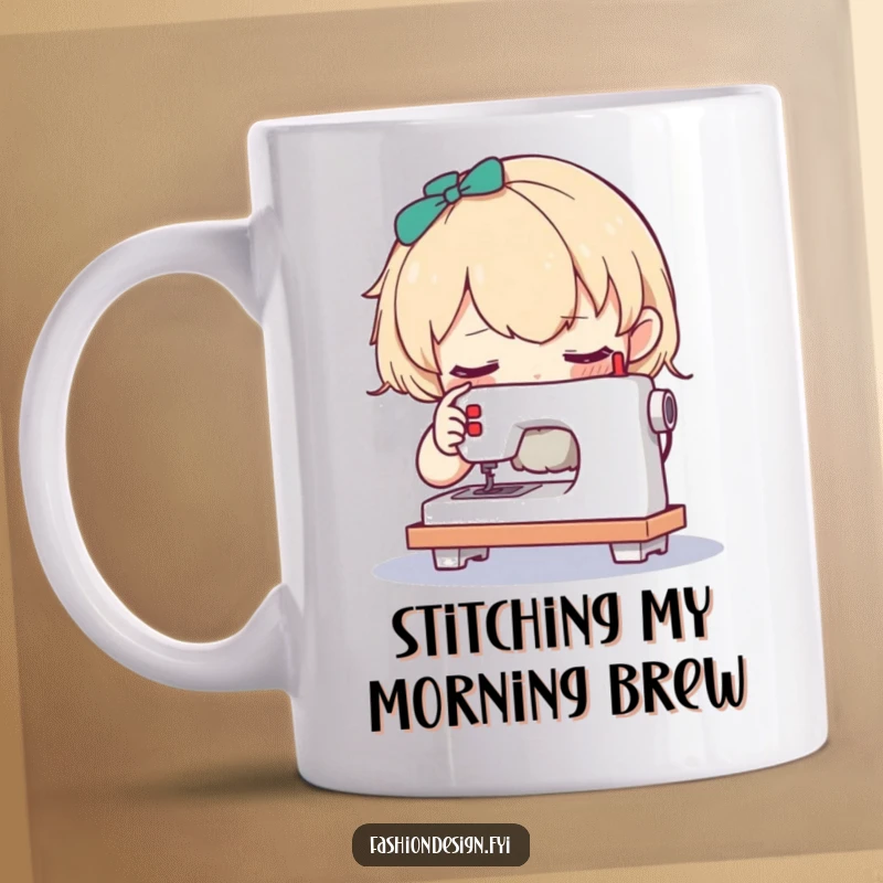 Funny mug featuring a curious character examining a tiny sewing machine, celebrating meticulous detail and interest.