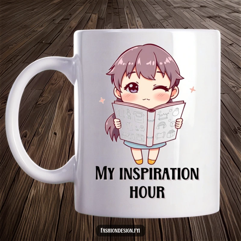 Funny Mug of a winking character proudly holding a sketchbook overflowing with creative designs, celebrating artistry.