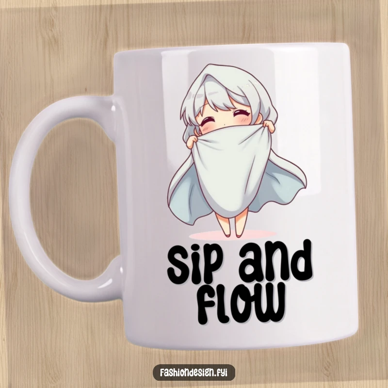 Funny Mug featuring a cheerful character elegantly draping cloth with graceful, flowing movements, showcasing artistry.