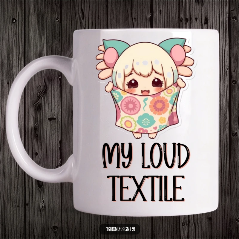 Funny mug featuring a delighted character ecstatically holding up a piece of wildly patterned fabric, celebrating creativity.