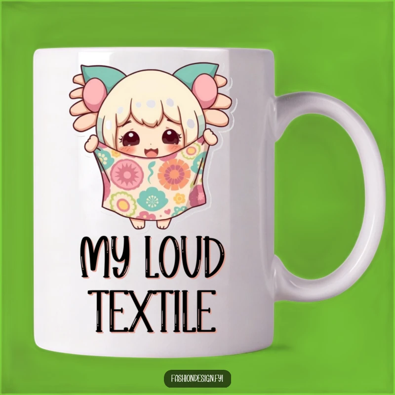 Funny Fabric Fanatic Mug: Delighted Character Expressing Joyful Crafting