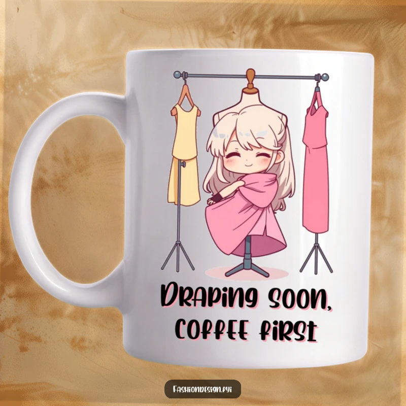 Funny mug showing a determined seamstress carefully draping fabric onto a mannequin with elegant precision and a focused expression.