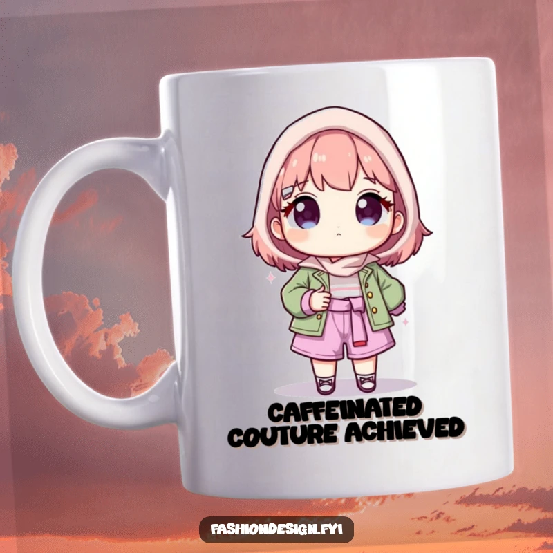 Funny mug shows a proud character beaming while presenting their stunning finished fashion creation with a flourish.