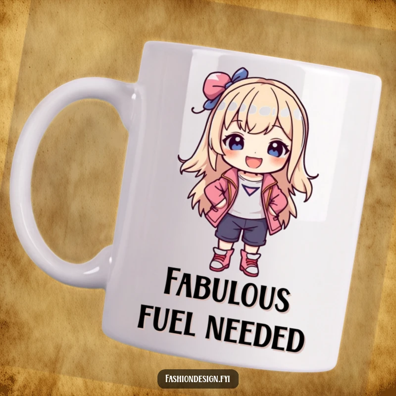 Funny mug depicting a joyful character posing confidently in a stylish, self-created outfit, exuding fashion prowess.