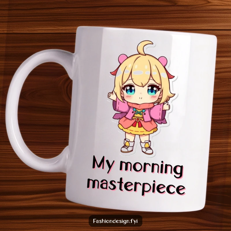 Funny Mug: Character proudly displaying a colorful, uniquely designed outfit, radiating confidence and joy.