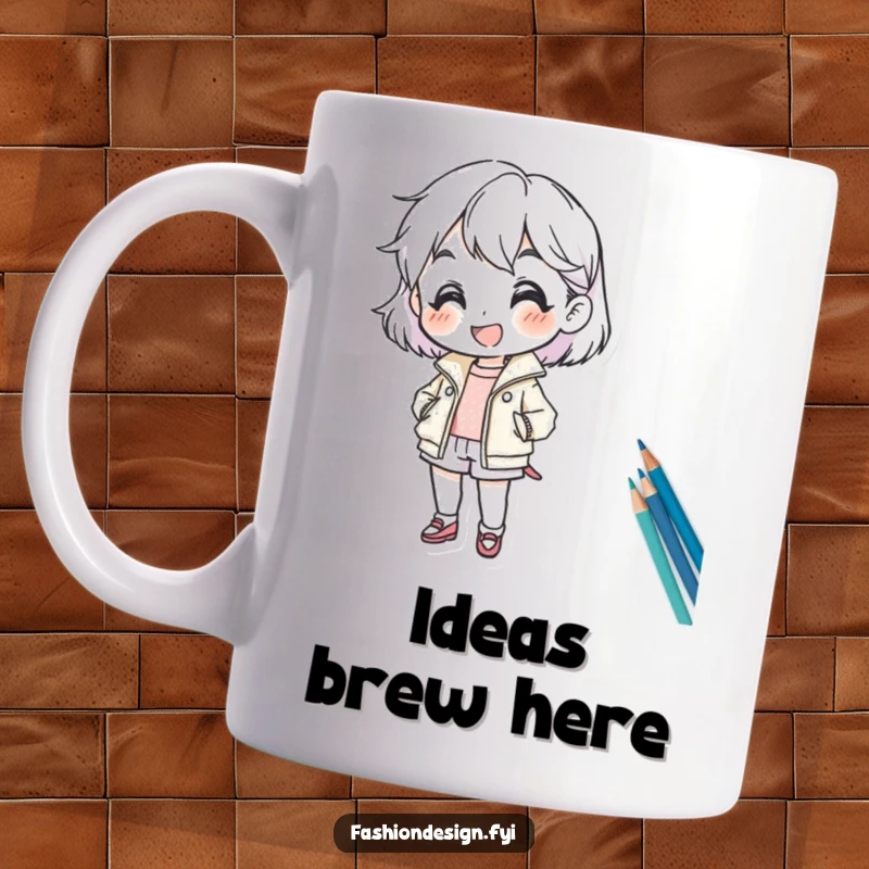 Funny mug with a cheerful character enthusiastically sketching a new fashion design, capturing creative passion and artistic spirit.