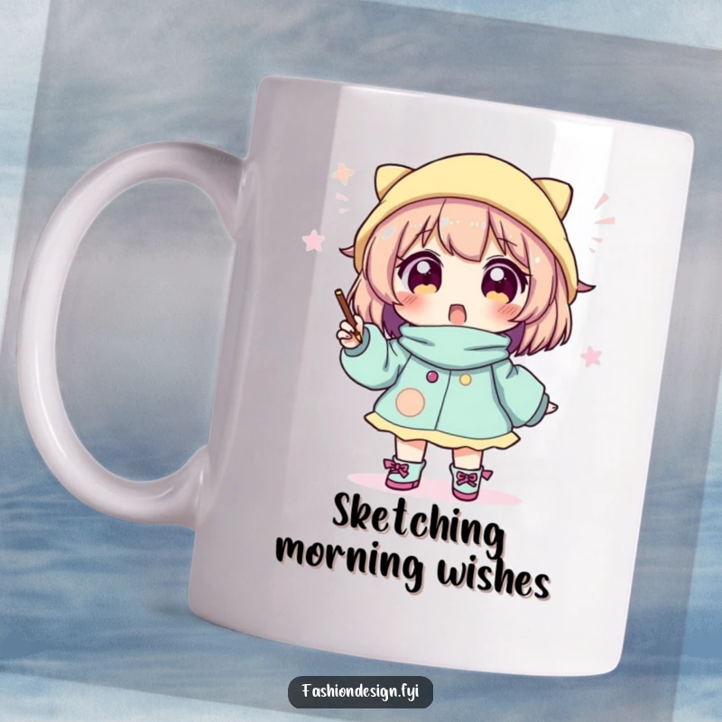 Funny mug showing a character with wide, excited eyes, busily sketching a fantastical and whimsical outfit.