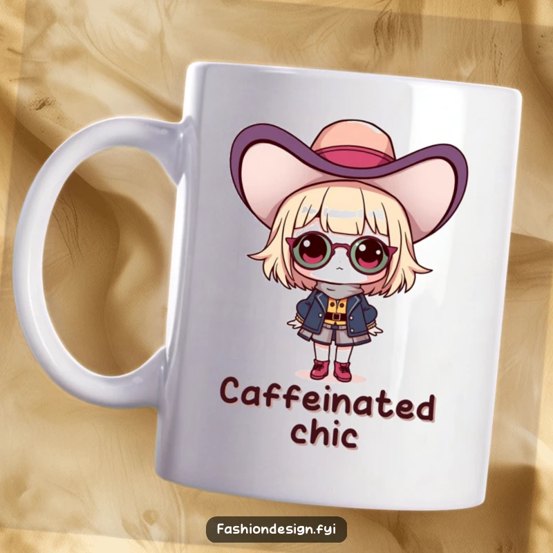 Funny mug featuring a proud fashionista character confidently showcasing a large, outlandish hat, exuding style and humor.