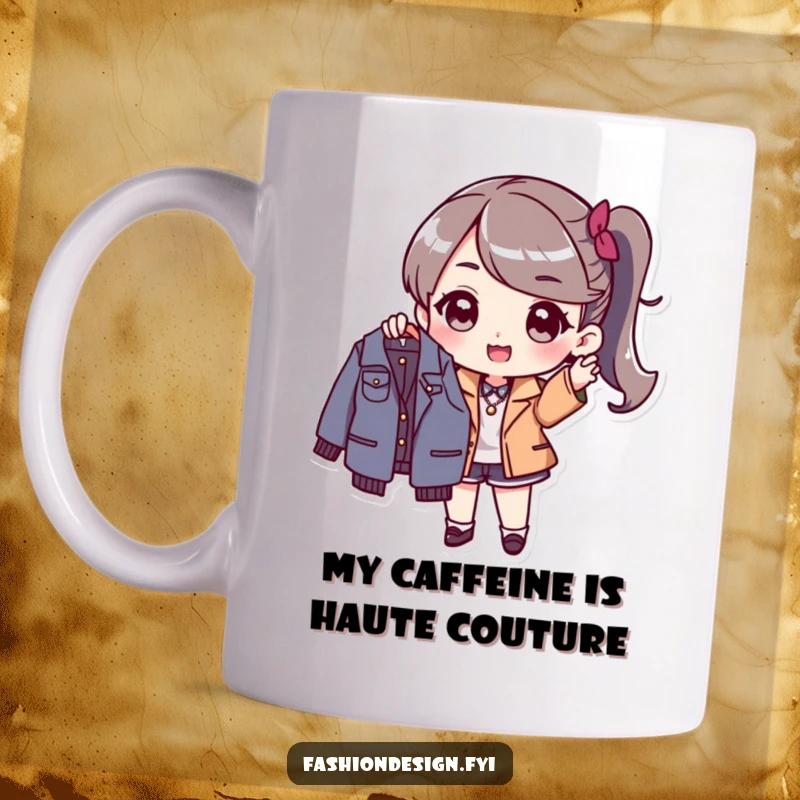 Funny Mug: Stylish fashion character excitedly holding up a new fashionable garment, celebrating style and humor.