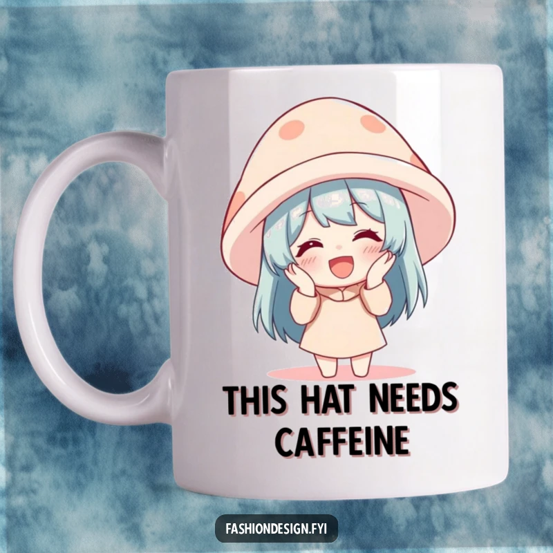 Funny Mug: A character giggles uncontrollably while trying on a ridiculously oversized hat, embodying pure comedic joy.